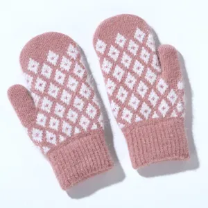Knitted jacquard woolen warm mittens for winter outdoor cycling, pink fleece lined.