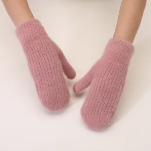 Cozy winter plush mittens for women, soft rabbit hair knit warm gloves for cold days.