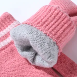 Women winter thick warm knitted gloves solid pink striped fleece lined cozy mittens apparel