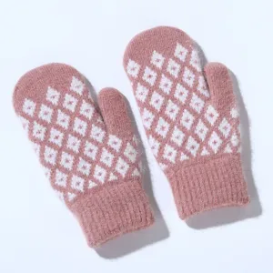 Pink knit jacquard winter warm mitten gloves detail, soft fleece lined thick thermal design.
