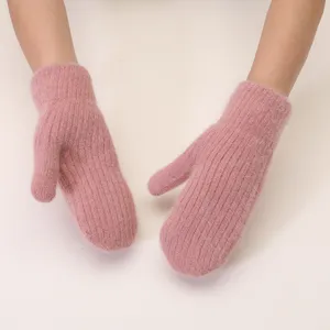 Cozy pink winter plush mittens for women, thick fuzzy warm knit mittens for cold weather daily wear.