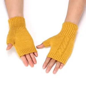 Detailed view of winter warm knitted fingerless gloves in bright yellow, soft texture.