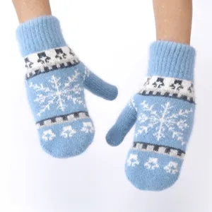 Winter warm knitted blue snowflake mittens fluffy thick cozy thermal gloves for cold weather.