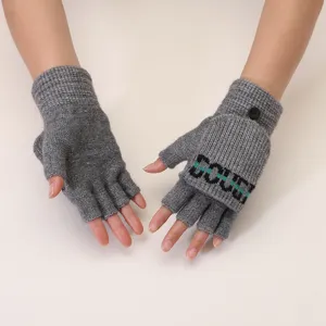 Grey knitted half-finger flip gloves winter warm student fingerless mittens daily wear.