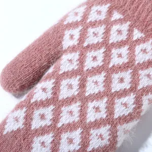 Detailed close-up of women winter thermal jacquard knit mittens cozy fuzzy fleece gloves