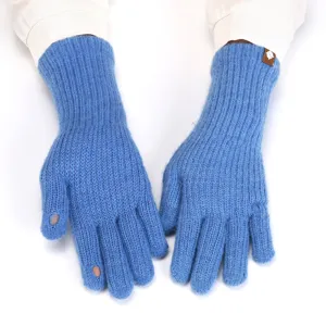 Chic blue knitted touchscreen gloves for women, warm winter fingerless wool mittens for outdoor cycling.