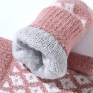 Close-up view of winter thick knit fleece lined warm glove detail, soft plush fluffy cuff.