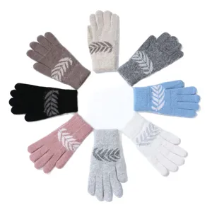 Women winter knit gloves touch screen warm rabbit hair cute leaf pattern colorful mittens