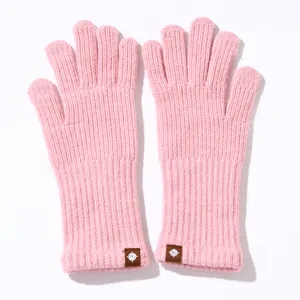 Pink knit gloves detail shot, warm winter women gloves, comfortable and soft everyday wear.