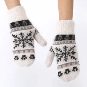 Winter plush knit gloves with classic snowflake pattern warm cozy fleece lined mittens