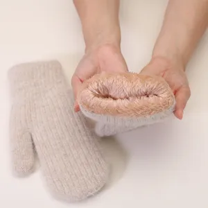 Winter thick warm plush lined knitted mittens for women, cute fluffy fleece cold weather gloves.