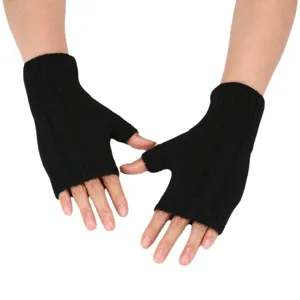 Black knitted fingerless gloves for winter, warm half finger arm warmers and winter sleeves.