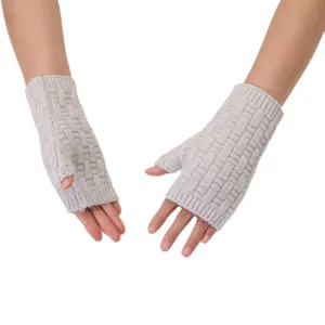 Winter knit fingerless gloves for women, stylish warm solid color half finger thermal gloves.