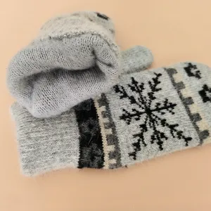 Winter plush knit gloves with cute snowflake pattern, thick warm cozy mittens for women.