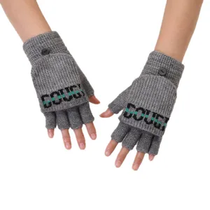Grey knitted convertible fingerless gloves for winter, warm wool mitten flip top style.