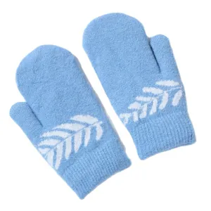 Women winter warm fleece lined knit mittens with cute leaf pattern casual outdoor gloves