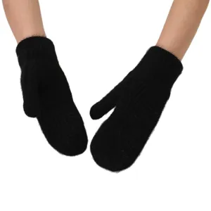 Women Winter Warm Black Fluffy Mittens Plush Thickened Cute Cold Proof Cycling Gloves