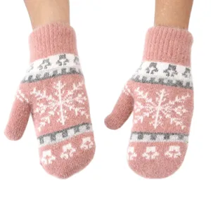 Pink winter fluffy fleece warm mittens with snowflake knit pattern, main product display view