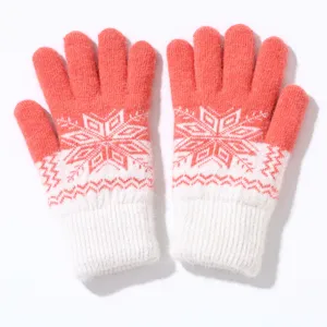 Women winter warm knitted gloves with classic red white snowflake jacquard pattern thick
