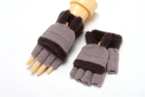 Women's knitted fingerless gloves with plush cuff and convertible flip mitten design for winter.
