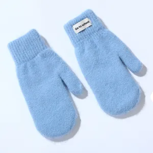 Close up detail of light blue wool plush mittens winter warm gloves with text label.