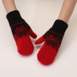Winter thick warm knitted mittens for outdoor riding, red and black jacquard fuzzy rabbit hair design.
