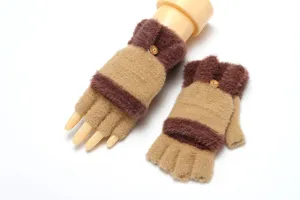 Knit fingerless gloves for women winter warm flip top plush mittens convertible design.