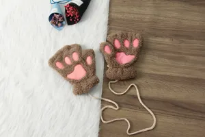 Cute winter warm plush half-finger gloves with pink cat bear paw pads and anti-lost string.
