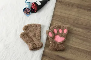 Winter cute brown fuzzy cat paw fingerless gloves thick plush mittens for winter days