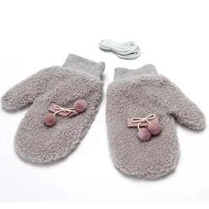 Winter warm fleece plush mittens for women cute double pom pom gloves with string