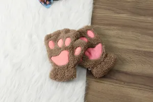 Thickened fluffy brown cat paw fingerless gloves detail, cute winter warm cozy half finger wear.