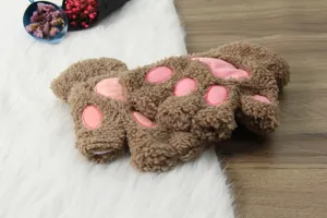 Winter cute fluffy bear paw fingerless gloves plush warm half-finger gloves for women daily wear