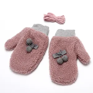 Women's winter warm plush fleece mittens with cute pom pom and anti-lost strap pink