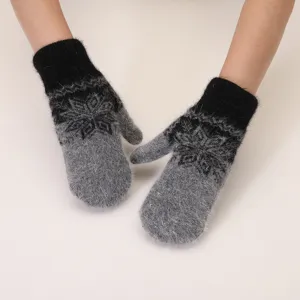 Winter warm knitted mittens, cozy rabbit hair snowflake jacquard thermal fleece gloves outdoor.
