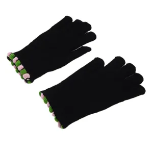 Winter black knit gloves for women, warm fleece lined touch screen five finger mittens.