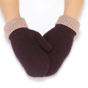 Winter warm thick knitted mittens for women, cute solid color plush fuzzy thermal gloves.