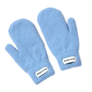 Women winter warm thick candy color knitted mittens cute soft plush gloves with letter patch