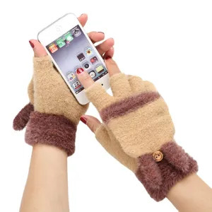 Women's winter knit half-finger gloves with plush cuffs and phone touch compatibility.