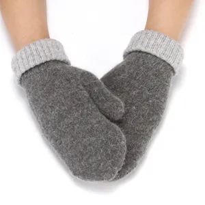 Cozy winter fleece-lined knitted mittens detail view, soft grey warm handwear accessory.