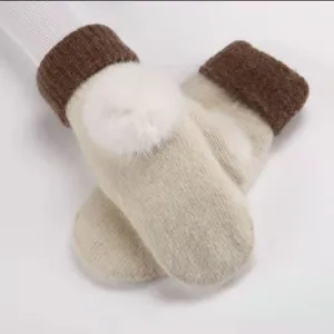 Fleece-lined knitted mittens women winter warm cute rabbit hair solid color thick gloves