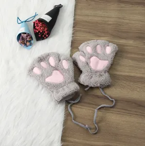 Cute Cartoon Cat Paw Winter Warm Gloves Thickened Plush Half Finger Mittens Women Cute Animal Claws Gloves