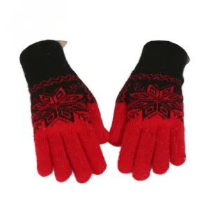 Women winter thermal knitted gloves red black jacquard snowflake warm outdoor cycling gloves
