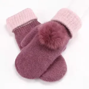 Women winter plush knit mittens warm thick solid color gloves with cute fluffy pom pom.
