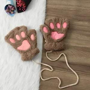 Winter cute cartoon cat paw plush fingerless gloves for women warm thick bear hand wear cozy