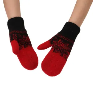 Winter warm knitted mittens, red and black jacquard pattern, fleece lined soft thick gloves for outdoor.