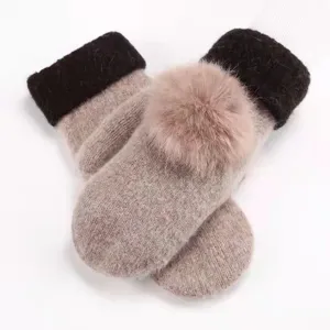 Women winter warm knit mittens plush pompom thick fleece lined cute gloves cozy solid color