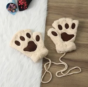 Cute Cat Claw Plush Fingerless Gloves Winter Warm Half Finger Bear Paw Mittens with String
