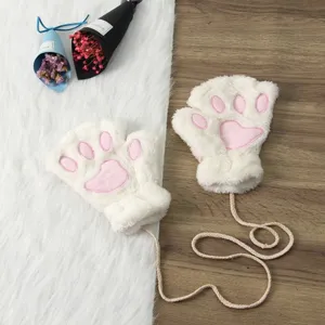 Cute plush cat paw half-finger gloves winter warm thick furry mittens with hanging rope