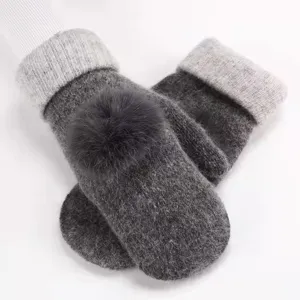 Winter warm knitted fleece-lined mittens for women, cute rabbit hair plush gloves.