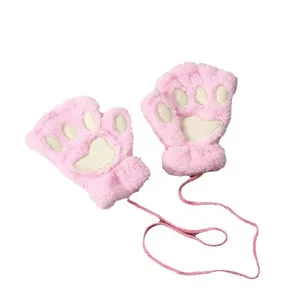 Cute pink plush cat paw fingerless gloves with string winter warm half finger mittens